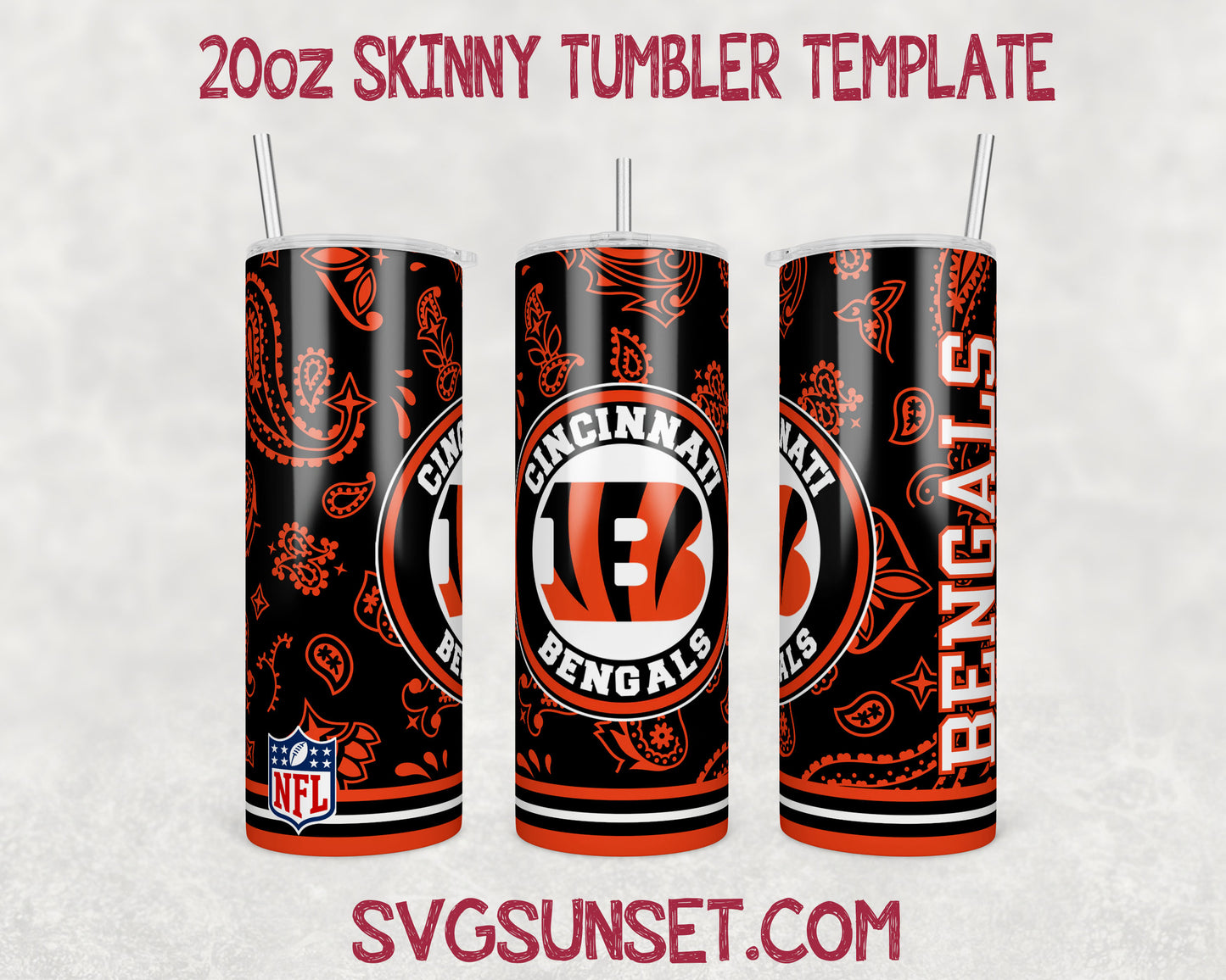 Cincinnati Bengals Football Paisley Style Tumbler Wrap PNG, Cincinnati Bengals Tumbler Wrap